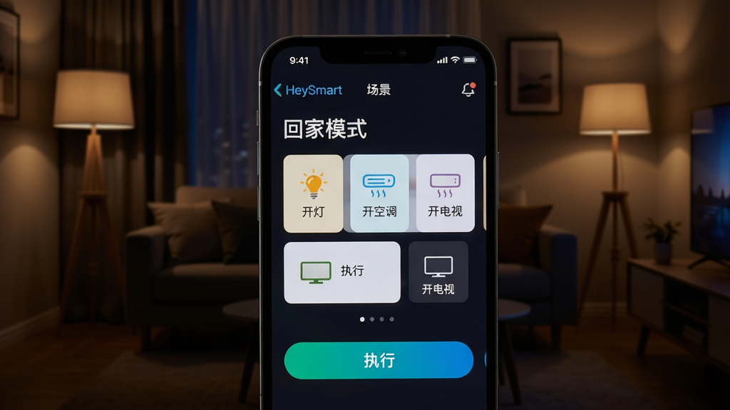 主体为手机App展示“场景”编辑页面,背景为夜晚的客厅,灯光柔和。屏幕内显示“HeySmart”的“回家模式”场景,包含“开灯”、“开空调”、“开电视”等动作卡片,并设有“执行”按钮。布局为手机屏幕特写,UI界面清晰。风格为暗色调家居环境与明亮UI形成对比,突显科技感与便捷性,画质细腻,无多余元素。