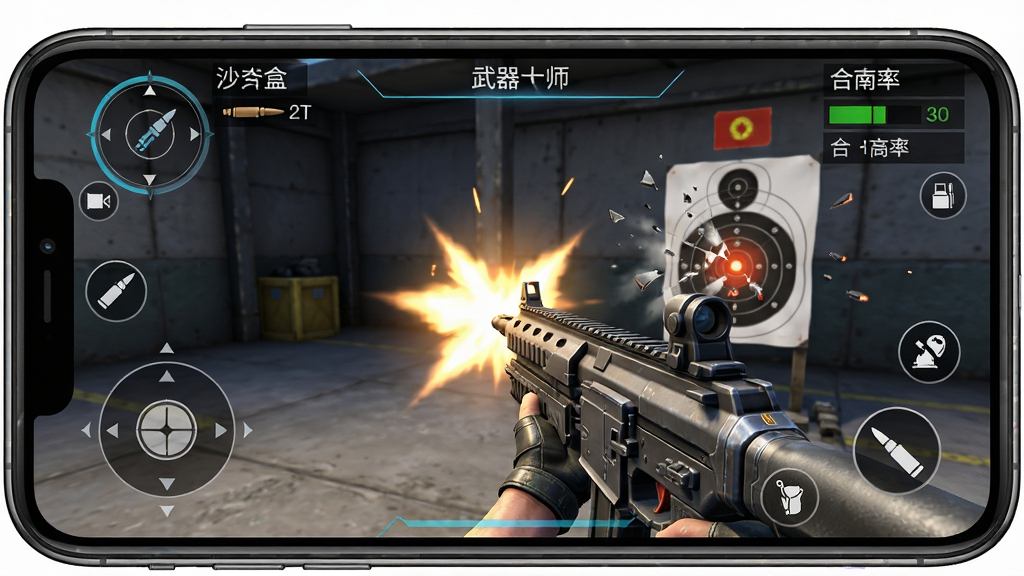 一张“沙盒武器大师”游戏运行截图,主体是手机横屏界面,展示了一把组装完成的科幻步枪正在射击靶标,布局为游戏画面居中,排版显示子弹数和命中率,风格为高清游戏实拍,细节包括屏幕上的HUD界面、枪口闪光、靶标碎裂效果,画质清晰,干净,无多余元素