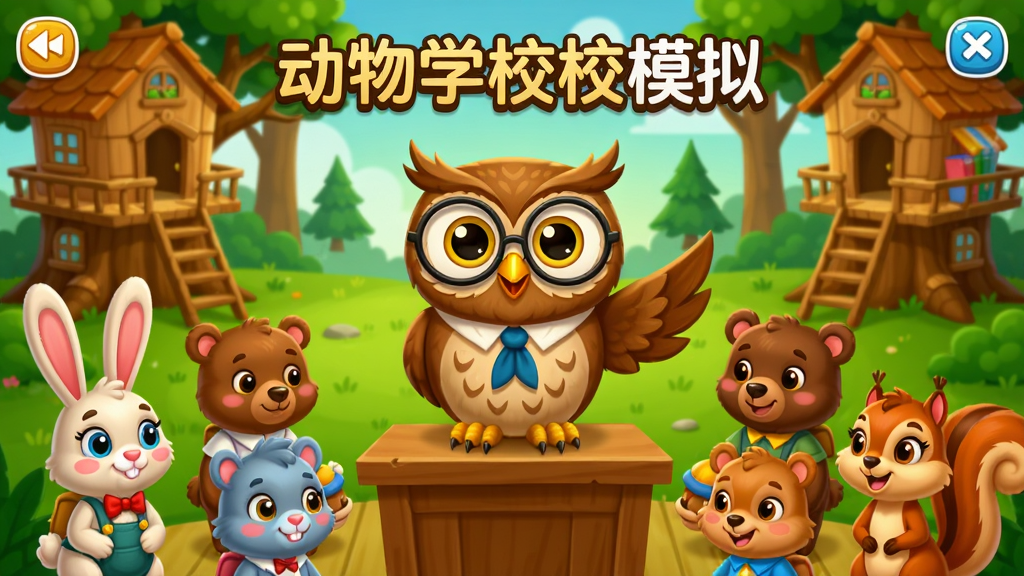 一幅色彩明亮的卡通风格游戏宣传图,展示《动物学校模拟》主界面,画面中央是一只戴着眼镜的猫头鹰校长站在讲台前,周围环绕着兔子、小熊、松鼠等可爱动物学生,背景是温馨的森林校园,有树屋教室和绿草地,整体布局饱满,排版层次分明,细节丰富,画质清晰干净,无多余元素