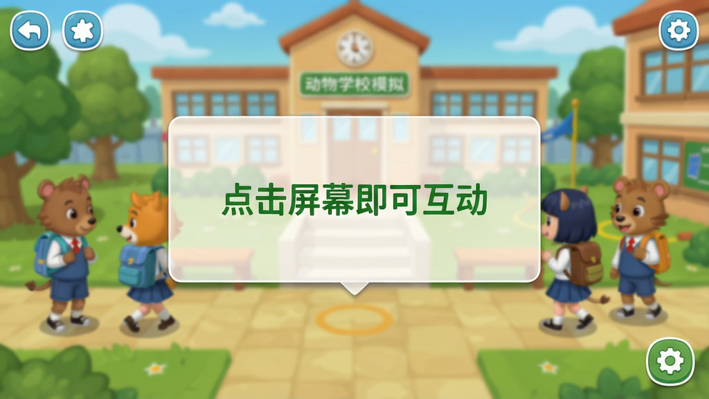 一张手机游戏操作界面截图风格图片,画面展示《动物学校模拟》的游戏内教程界面,中央有一个半透明的对话框,上面用绿色文字写着“点击屏幕即可互动”,背景是模糊的卡通校园场景,有动物学生走动,整体布局清晰,排版简洁,UI设计现代,细节丰富,画质干净,无多余元素
