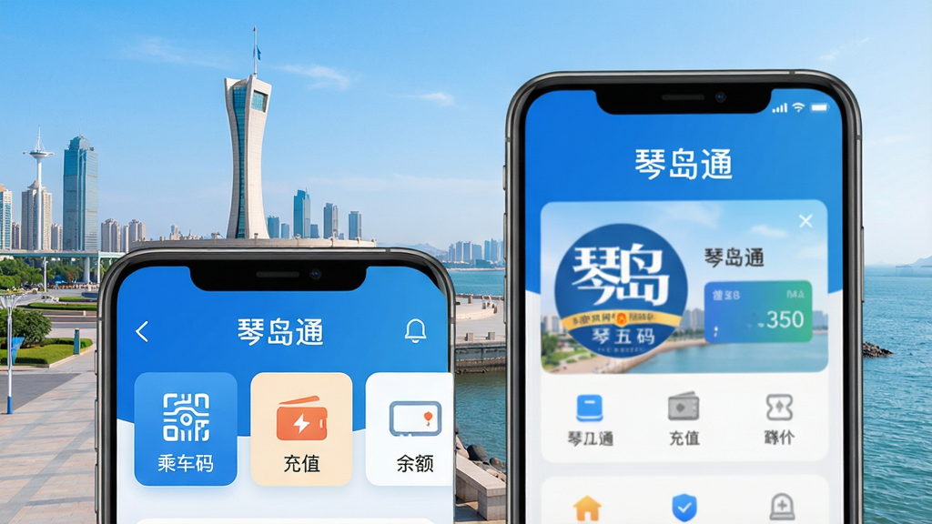 琴岛通App主界面展示,背景为青岛城市地标五四广场与海岸线,前景为智能手机屏幕特写,屏幕中显示琴岛通App的首页,包含“乘车码”、“充值”、“余额”等清晰功能按钮,界面风格简洁现代,蓝白配色为主,整体氛围明亮清新,画质高清,干净无多余元素,突出软件名称“琴岛通”字样