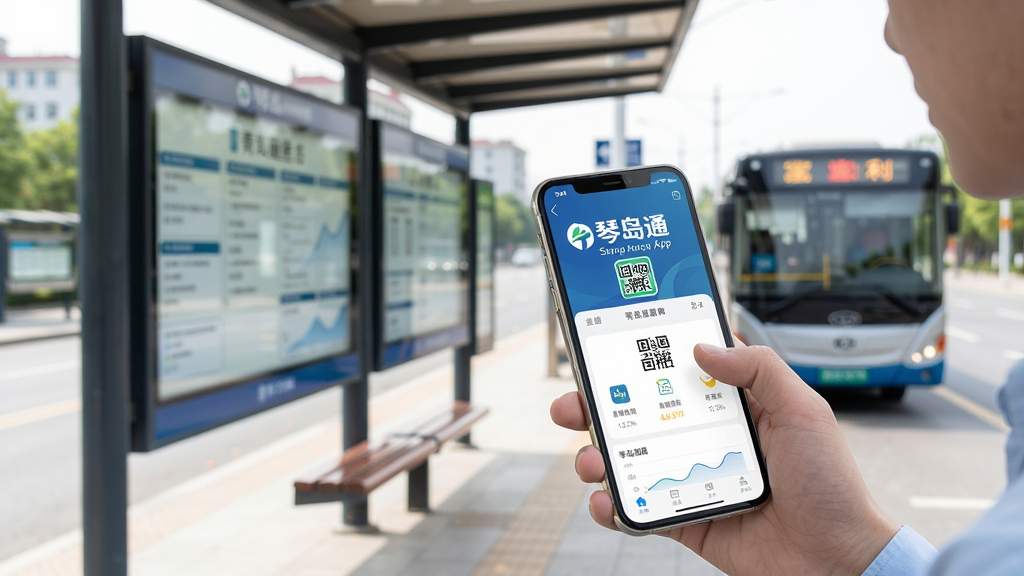 琴岛通App在手机上的使用场景,手机屏幕显示App主界面,背景为青岛公交站台,用户手持手机准备扫码,画面明亮清晰,画质高清,突出“琴岛通”名称,干净无多余元素