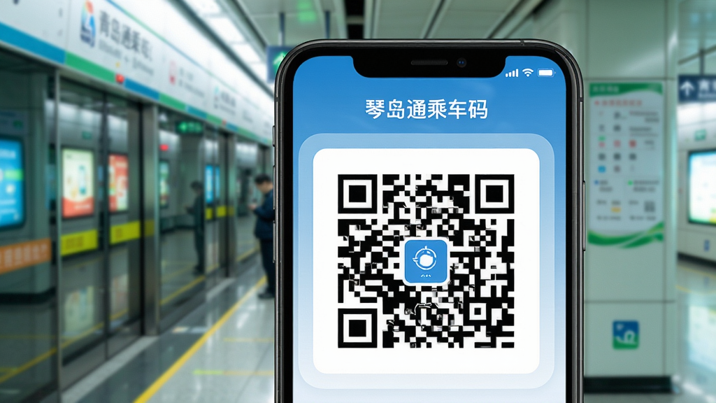琴岛通App乘车码界面,手机屏幕显示一个大的二维码,上方显示“琴岛通乘车码”字样,背景虚化为青岛地铁站台,色调清新,画质高清,干净无多余元素,突出二维码和软件名称