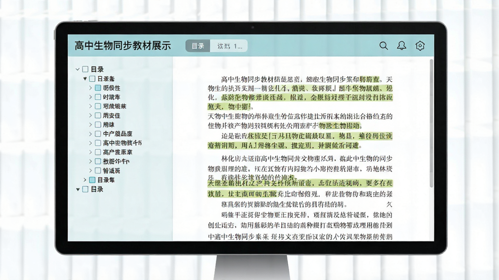 高中生物同步教材展示图,屏幕中显示电子课本页面,左侧为目录树,右侧为正文内容,配有高亮标注,界面整洁,风格清新,画质干净,无多余元素