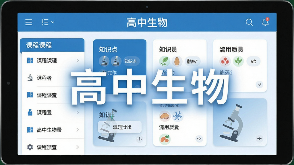 高中生物软件主界面预览图,展示课程列表与知识点卡片,布局清晰,采用蓝白配色,扁平化设计,画质干净,无多余元素,文字标注