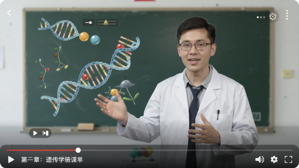 高中生物视频课程界面图,正在播放遗传学讲解视频,下方显示进度条与章节标题,界面简洁,画质清晰,无多余元素