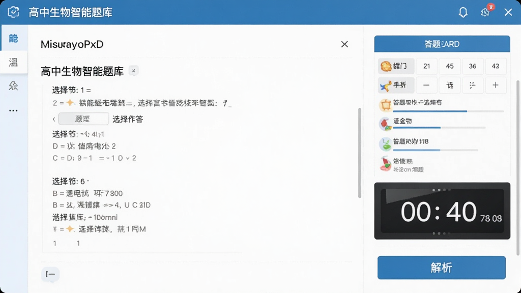 高中生物智能题库界面图,展示选择题作答页面,右侧有答题卡与倒计时,底部有解析按钮,风格简洁,画质干净,无多余元素