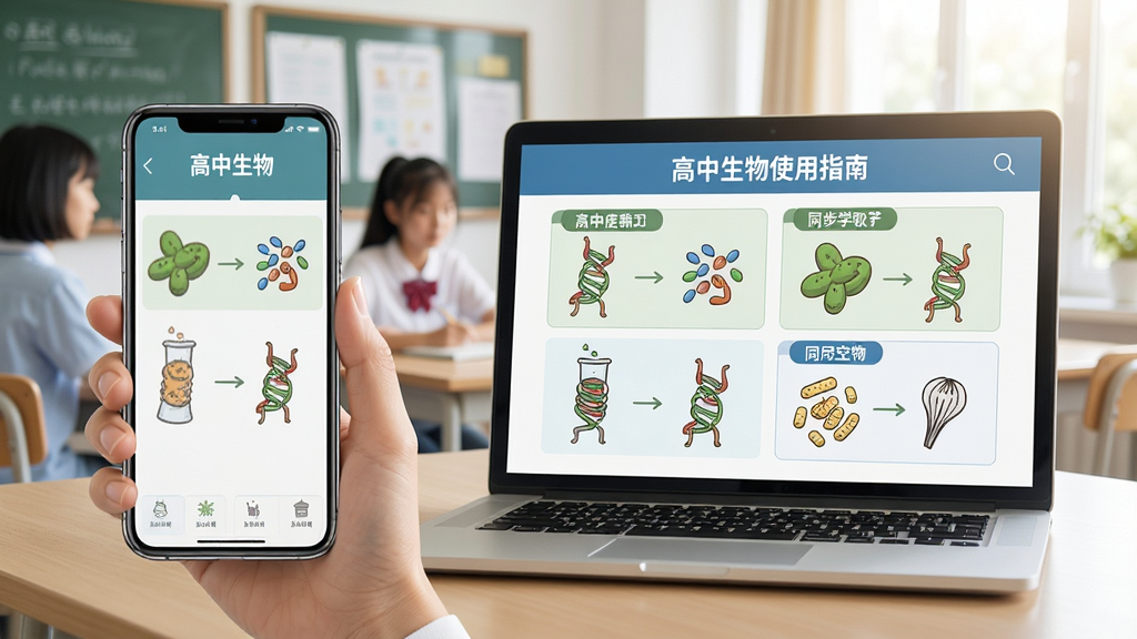 高中生物使用指南插图,展示手机与电脑端同步学习场景,画面明亮,风格写实,画质干净,无多余元素