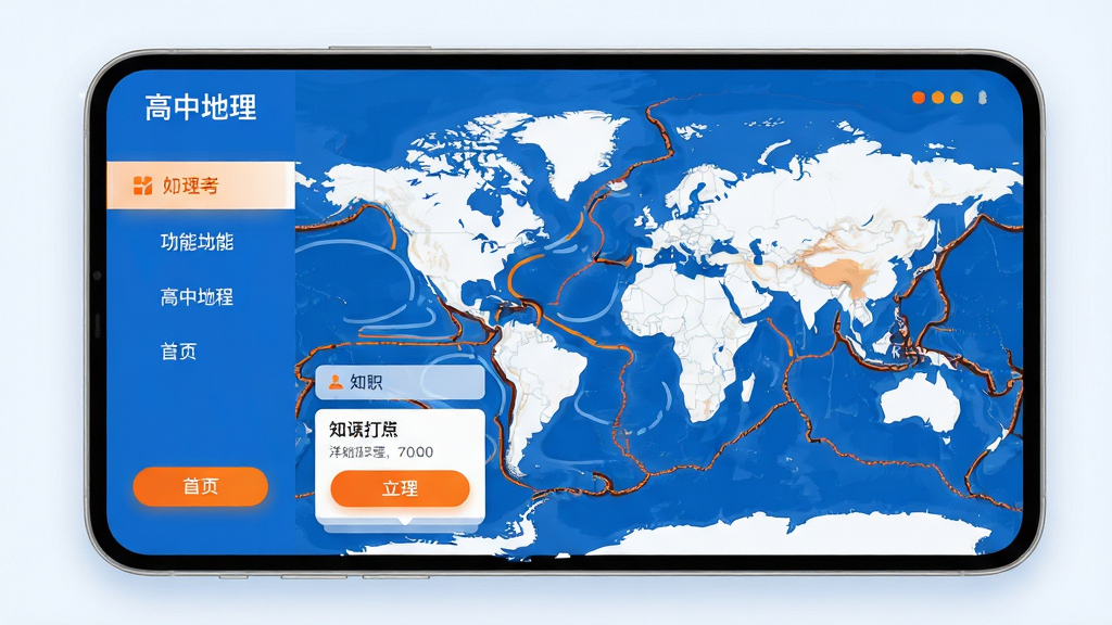 主体:高中地理APP界面,展示着世界地图与知识点卡片;布局:左侧为功能菜单,右侧为地图与数据图表;排版:简洁的扁平化设计,信息层级分明;风格:现代教育科技感,色彩以蓝白为主,搭配橙色高亮按钮;细节:屏幕上有“高中地理”字样,地图上标注洋流与板块边界;画质:高清渲染,干净,无多余元素