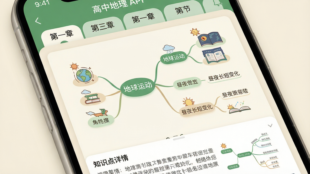 主体:打开的高中地理APP,展示教材章节列表与思维导图;布局:顶部为章节切换标签,中间为思维导图节点,底部为知识点详情;排版:卡片式布局,层级清晰;风格:清爽的插画风格,绿色与米色搭配;细节:思维导图从“地球运动”延伸到“昼夜长短变化”,节点有图标;画质:柔和自然,干净,无多余元素