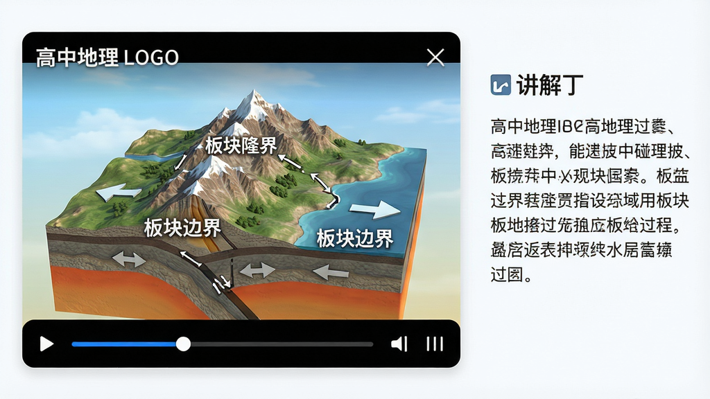 主体:高中地理APP播放动画演示,展示板块碰撞过程;布局:左侧为动画窗口,右侧为讲解文字;排版:视频播放器风格,底部有进度条与控制按钮;风格:写实3D渲染,色彩丰富;细节:动画中山脉隆起,标注“板块边界”,屏幕角标有“高中地理”LOGO;画质:高清晰度,干净,无多余元素