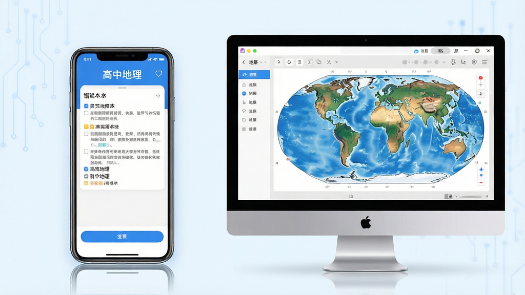 主体:手机与电脑并排展示高中地理APP运行界面;布局:左边手机显示错题本页面,右边电脑模拟器显示地图课件;排版:对比式构图,两边内容呼应;风格:清新科技风,蓝色调;细节:手机屏幕有“高中地理”字样,电脑屏幕显示世界气候分布图;画质:细腻清晰,干净,无多余元素