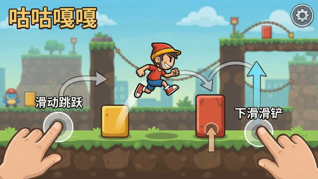 咕咕嘎嘎跑酷游戏操作示意图,展示手指滑动操作路径,角色跳跃躲避障碍,界面标注“滑动跳跃”“下滑滑铲”等文字,背景为游戏关卡实景,风格简洁明了,画质清晰