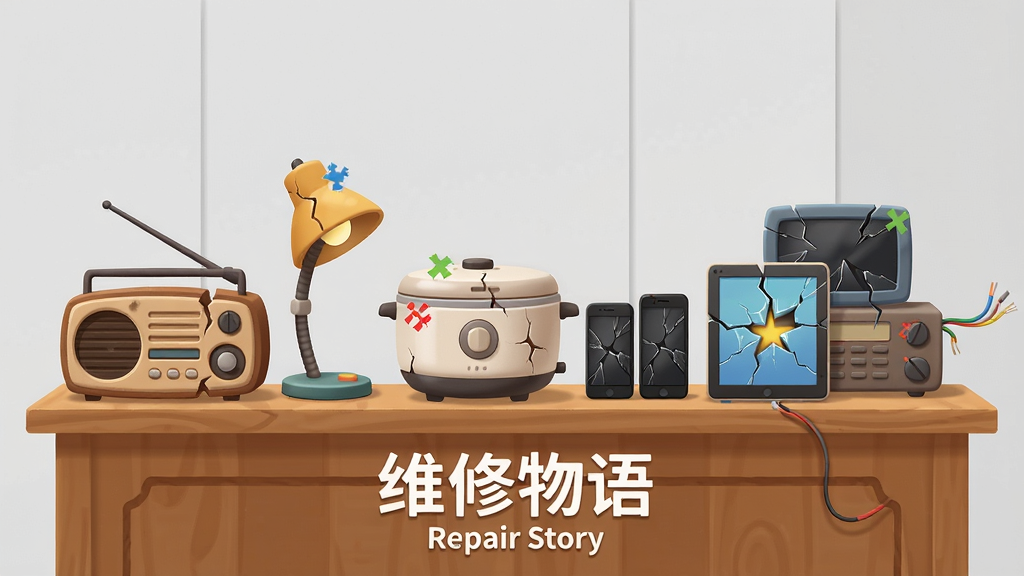 一张展示《维修物语》中多种电器排列的集体照,画面中一个木制展示台上整齐摆放着收音机、台灯、电饭煲、手机、平板电脑等各式电器,每一件电器都带有明显的故障标识,例如外壳破裂、屏幕碎裂、电线外露等。画面构图采用平视全景,所有电器均匀分布,背景是干净的浅灰色墙壁,风格为清新扁平插画,色彩鲜艳,细节清晰,画质干净,无多余元素。图片下方带有“维修物语”的英文名称“Repair Story”。