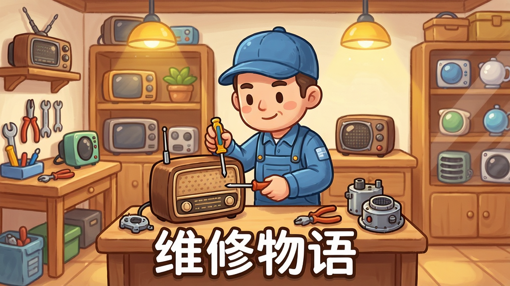 一张展示《维修物语》游戏主界面的宣传图,画面中央是一位身穿蓝色工作服的维修师傅,正拿着螺丝刀修理一台老式收音机,周围摆放着各种修理工具和电器零件,背景是温馨的小店内部装修,木质货架上陈列着等待修复的各类电器,暖黄色灯光营造出舒适的氛围。画面构图采用平视视角,人物居中,左右两侧对称分布工具台和展示柜,整体风格为清新卡通手绘,色彩明亮柔和,细节丰富,画质清晰干净,无多余元素。图片下方带有“维修物语”的游戏名称文字。