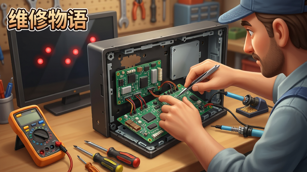 一张展示《维修物语》中维修过程的游戏截图,画面中一位维修师傅正专注地拆解一台电视机后盖,桌上摆放着万用表、螺丝刀、电烙铁等专业工具,电视机内部电路板清晰可见,屏幕上有几个闪烁的红点提示故障位置。画面构图采用特写视角,突出维修师傅的手部动作和工具细节,背景是模糊的工坊环境,风格为写实卡通,色彩偏暖,细节丰富,画质清晰干净,无多余元素。图片左上角带有“维修物语”的Logo文字。
