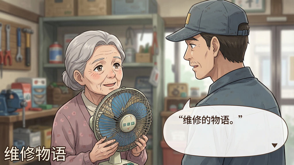 一张展示《维修物语》中剧情对话场景的图片,画面中维修师傅正与一位老奶奶顾客交流,老奶奶手中拿着一台旧式电风扇,脸上露出期待的表情,对话气泡中显示着温馨的台词。画面构图采用正反打镜头,人物半身像居中,背景是模糊的店铺内部,风格为日式动漫,色彩柔和,细节丰富,画质清晰,无多余元素。图片左下角带有“维修物语”的汉字水印。