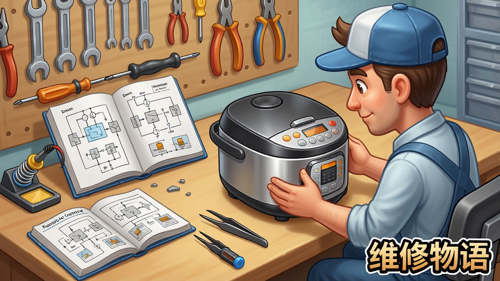 一张展示《维修物语》中维修场景的图片,画面中维修师傅正在工作台上修理一台电饭煲,旁边放着一本打开的维修手册,上面画有电路图,工作台上有螺丝刀、镊子、焊锡等工具,背景是工具墙,整体风格为写实卡通,色彩明亮,细节丰富,画质干净,无多余元素。图片右下角带有“维修物语”的Logo文字。