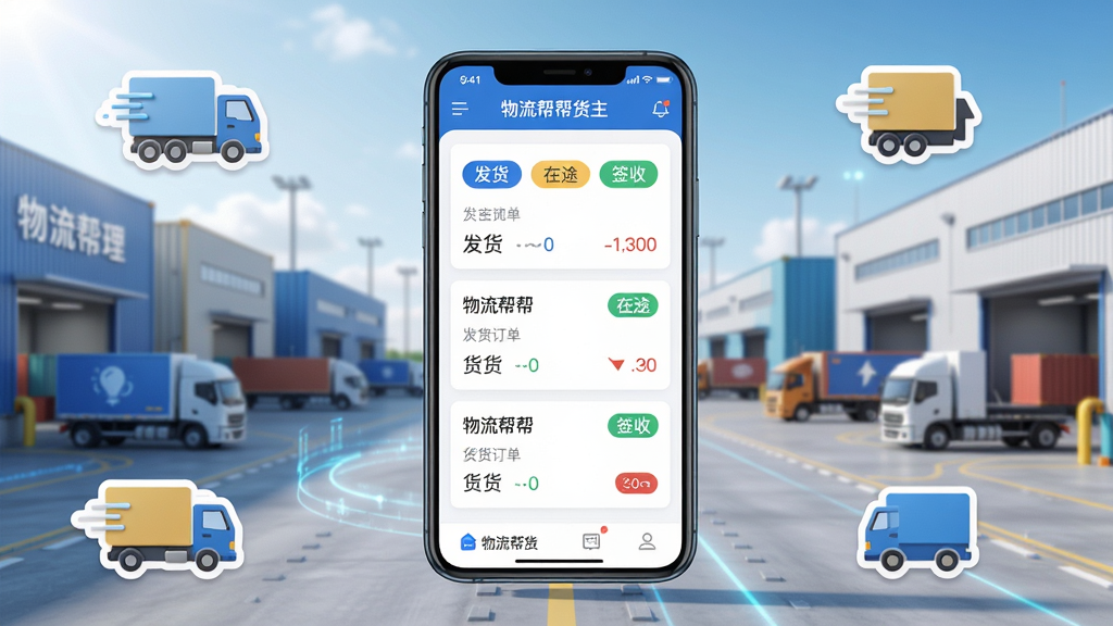 主体:物流帮帮货主软件界面展示,手机屏幕显示货运订单管理列表,背景为现代物流园区。布局:手机居中,屏幕内容清晰可见,周围有简洁的货运车辆图标。排版:界面UI整洁,订单信息用卡片式排列。风格:写实与科技感结合,色彩明亮,突出物流与效率主题。细节:屏幕中显示“物流帮帮货主”字样和“发货”“在途”“签收”状态标签。画质:高清渲染,干净,无多余元素。