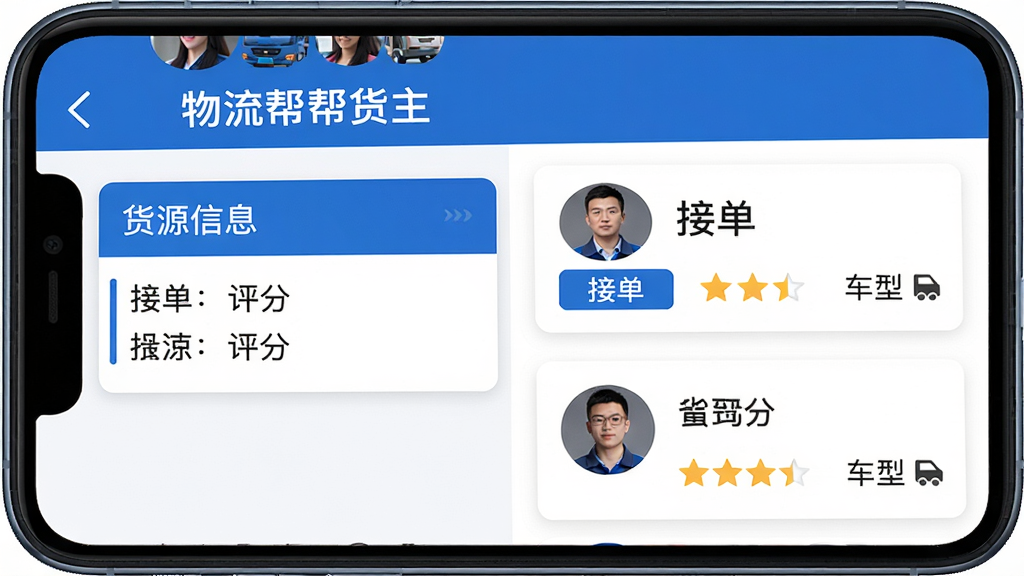 主体:物流帮帮货主智能匹配功能界面,手机屏幕显示推荐司机列表。布局:左侧为货源信息卡片,右侧为匹配的司机头像与评分。排版:列表式布局,信息层级分明。风格:简洁商务风,蓝白主色调。细节:屏幕顶部有“物流帮帮货主”字样,司机卡片显示“接单”“评分”“车型”。画质:高清,干净,无多余元素。