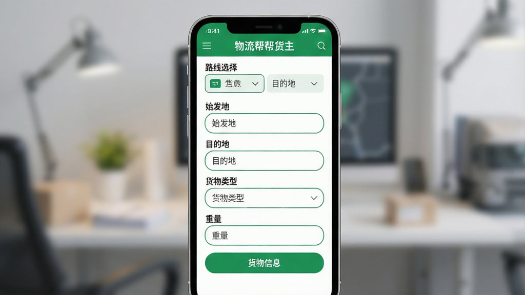 主体:物流帮帮货主货源管理界面,手机屏幕显示货源发布表单。布局:表单居中,上方为路线选择,下方为货物信息填写。排版:垂直排列,输入框圆角设计。风格:清爽商务风,绿色与白色搭配。细节:屏幕中有“物流帮帮货主”字样,表单包含“始发地”“目的地”“货物类型”“重量”。画质:高清,干净,无多余元素。