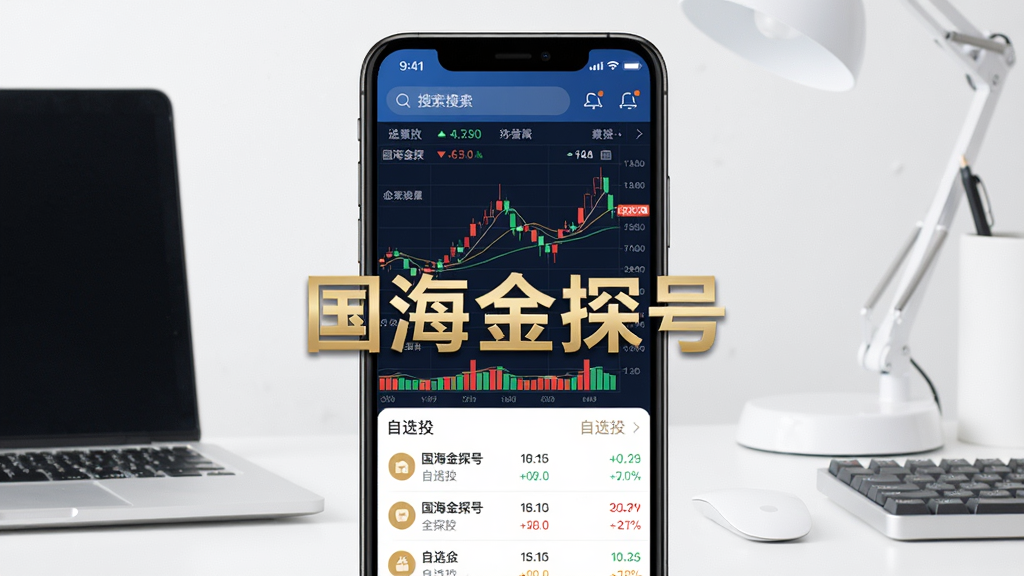 主体:国海金探号APP界面,展示手机屏幕上的股票行情K线图与自选股列表,屏幕中央有金色“国海金探号”字样。布局:手机居中,屏幕内界面清晰,下方搭配简约办公桌面。排版:手机屏幕为视觉焦点,周围留白干净。风格:现代科技感,蓝金色调,扁平化设计。细节:屏幕内显示红绿涨跌数据,顶部有搜索栏和功能图标。画质:高清渲染,干净,无多余元素。
