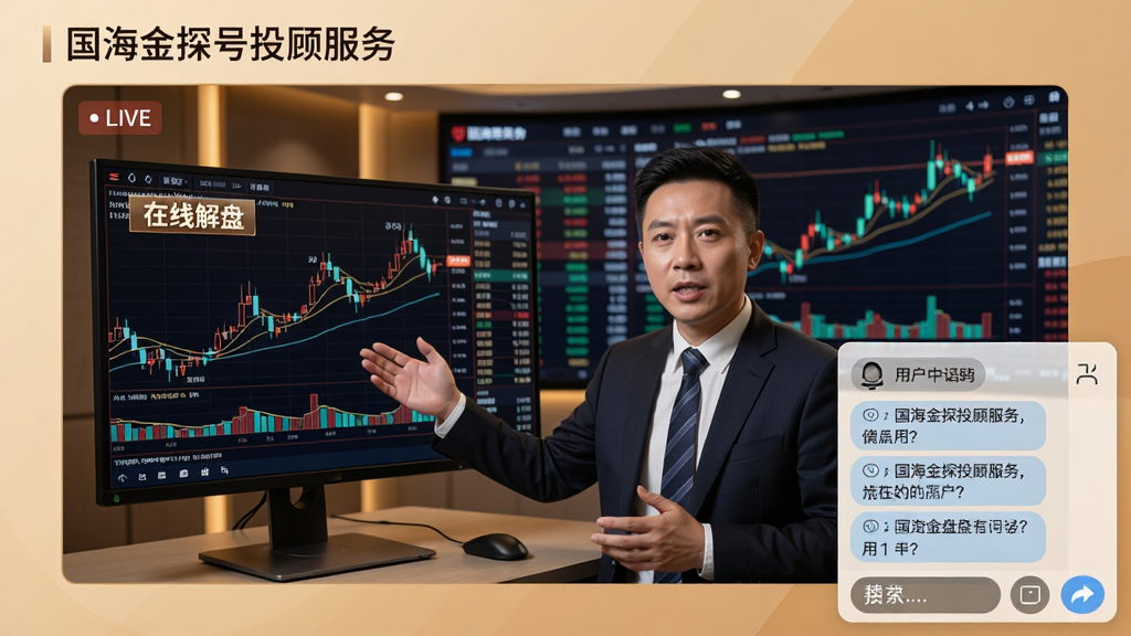 主体:国海金探号投顾服务页面,一位分析师正在直播讲解K线图,屏幕上有“在线解盘”字样。布局:直播窗口为主视觉,右下方有互动聊天区。排版:视频画面居中,文字信息在侧边。风格:金融商务风格,暖色调,专业感强。细节:分析师背后有行情大屏,聊天区有用户提问。画质:高清,干净,无多余元素。