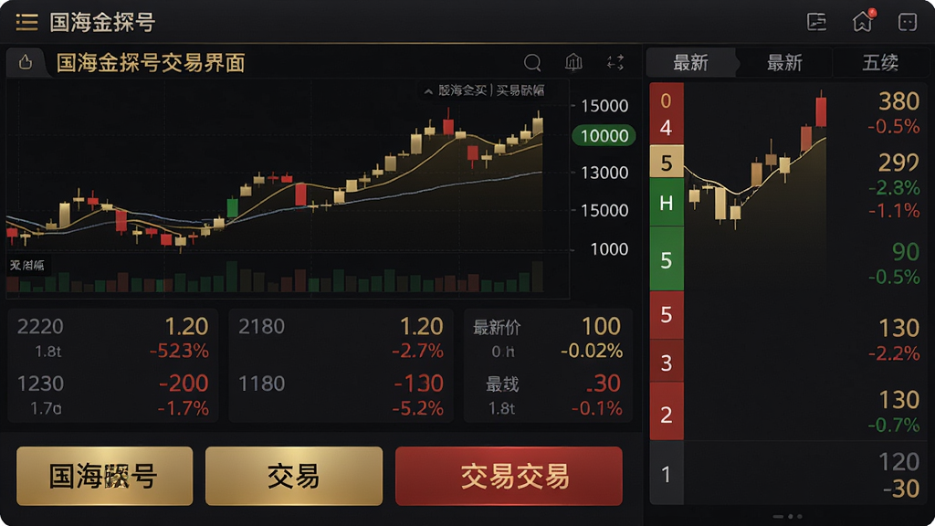 主体:国海金探号交易界面,展示股票买入卖出操作面板,背景为动态行情图表。布局:下方为交易按钮,上方为价格走势,右侧显示五档盘口。排版:信息紧凑但不拥挤,重点数据高亮。风格:深色背景,金色与红色点缀,专业交易终端风格。细节:买卖五档、最新价、涨跌幅等数据动态跳动。画质:高帧率渲染,干净,无多余元素。