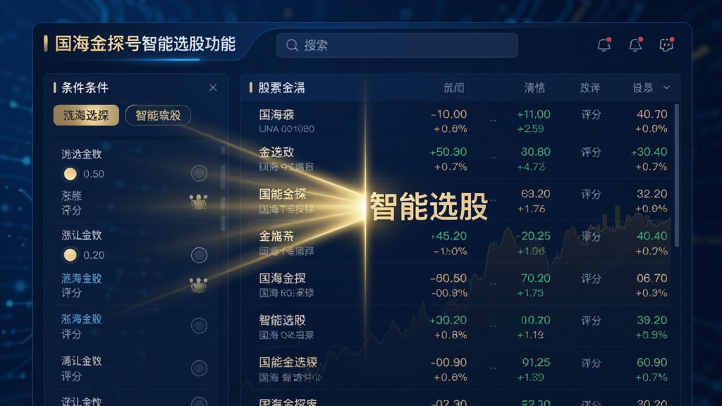 主体:国海金探号智能选股功能界面,屏幕上有多个筛选条件标签和股票列表,一条金色光线从屏幕中央射出。布局:界面左侧为条件面板,右侧为股票结果列表,顶部为搜索栏。排版:简洁清晰,信息层级分明。风格:科技蓝背景,金色点缀,数据可视化图表。细节:股票名称、涨跌幅、评分等数据清晰可见,光线汇聚到“智能选股”四字。画质:超高清,干净,无多余元素。