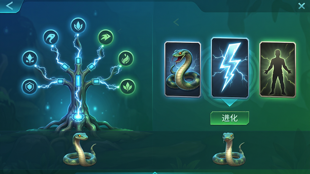 图片主体为游戏内天赋进化选择界面,左侧是一棵发光的科技感天赋树,右侧是三个悬浮的进化卡片图标,卡片上分别绘制着巨蛇、闪电、分身图案。布局采用左右分栏式设计,界面底部有蛇的3D模型预览。排版清晰,卡片下方有绿色的“进化”按钮文字。风格为游戏UI界面截图风,带有科技蓝与生态绿的渐变色调。细节上天赋树连接线有电流流动特效。画质要求高清游戏截图,UI边缘锐利,色彩饱和,画面干净无多余文字。