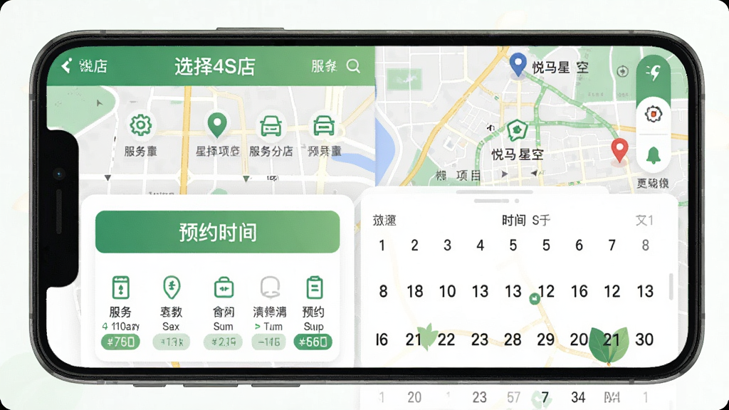 展示悦马星空APP的保养预约界面,手机屏幕显示选择4S店列表和预约时间日历。布局为上下结构,上方地图位置,下方预约表单。风格清新自然,绿色和白色为主色调,细节包含服务项目图标和价格标签,画质高清明亮,屏幕中显示“悦马星空”字样