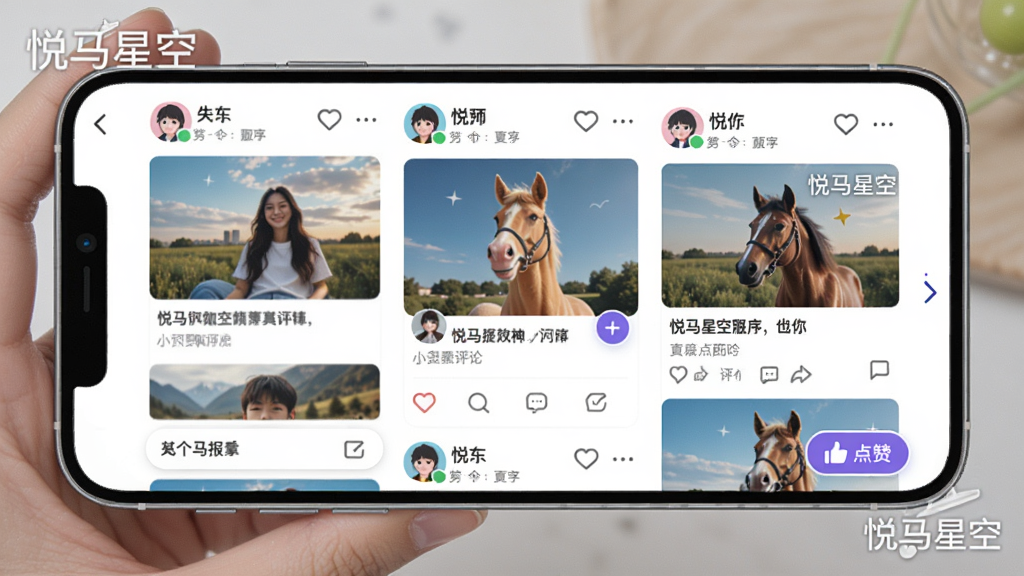 展示悦马星空APP的社区讨论界面,手机横屏显示,包含用户发布的图文动态和点赞评论按钮。布局为瀑布流样式,图片为主,文字为辅。风格活泼明亮,色彩丰富,细节包括头像、昵称和互动图标,画质清晰,屏幕上有“悦马星空”水印