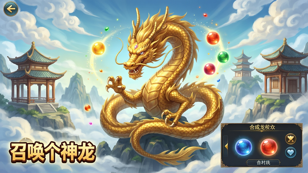 主体:游戏主界面展示一条威严的金色五爪神龙盘旋于云雾缭绕的山巅,背景是古风仙侠风格的亭台楼阁与祥云。布局:中心突出神龙,左下角显示“召唤个神龙”游戏Logo,右下角为合成龙珠的UI面板。排版:竖版手机游戏截图风格,UI布局合理清晰。风格:唯美仙侠手绘风格,色彩明亮通透,光影效果细腻。细节:神龙鳞片清晰可见,周围有闪烁的龙珠和粒子特效,游戏界面图标精致。画质:高清,干净,无多余元素。