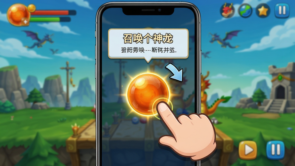 主体:手机屏幕显示《召唤个神龙》游戏的新手引导界面,屏幕上有一个卡通手指点击一个龙珠。布局:竖版手机截图,聚焦于游戏UI和引导提示。排版:引导框清晰,文字简洁。风格:游戏内截图风格,UI明亮清晰。细节:龙珠发光,引导框有箭头指向,背景为游戏主界面。画质:高清,干净,无多余元素。