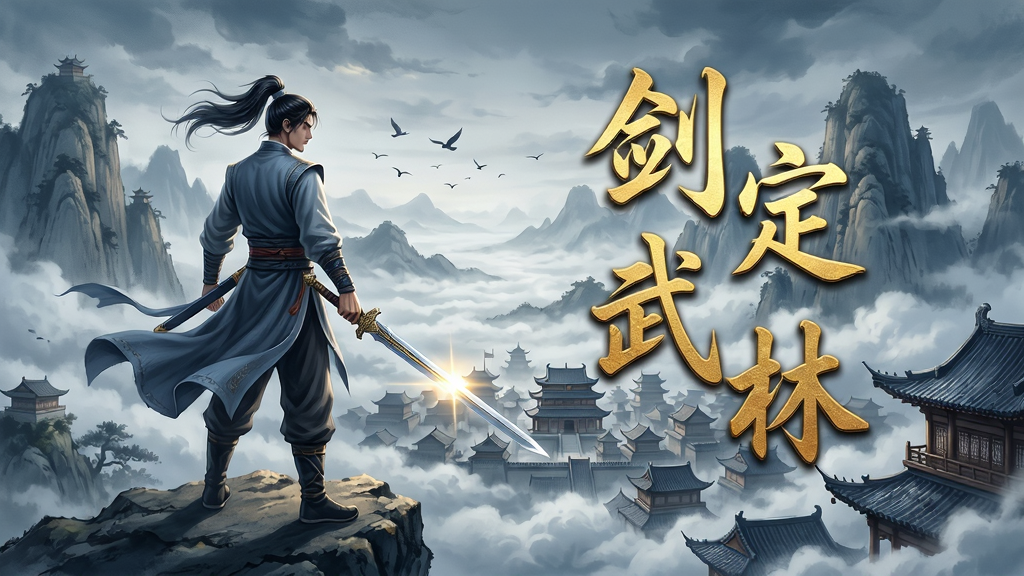 主体:游戏主界面,一位手持长剑的侠客立于山巅,俯瞰云海中的江湖城郭,画面中央悬浮“剑定武林”四个鎏金大字。布局:侠客居左,文字居右,远景为层峦叠嶂与飞檐楼阁。排版:文字采用竖排古风书法体,与背景融合。风格:写实国风水墨渲染,光影层次分明,色彩以青灰与金色为主。细节:衣袂飘动,剑刃泛光,云海翻涌,飞鸟掠过。画质:8K超清,细腻纹理,干净无多余元素。