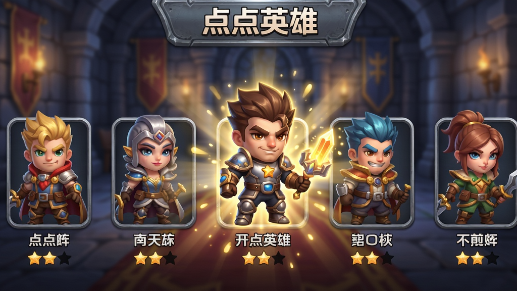 主体:点点英雄的英雄图鉴界面,展示一排Q版英雄立绘,每个英雄脚下有星级标识,画面中央为一个正在升级的英雄特效。布局:英雄立绘横向排列,背景为古堡内部,光效从中心向外扩散。排版:每个英雄下方显示名字和星级,界面顶部有“点点英雄”标题。风格:卡通渲染,金属质感与柔光结合。细节:英雄表情生动,服饰纹理清晰,升级特效有金色粒子。画质:高清细腻,背景虚化,干净整洁。
