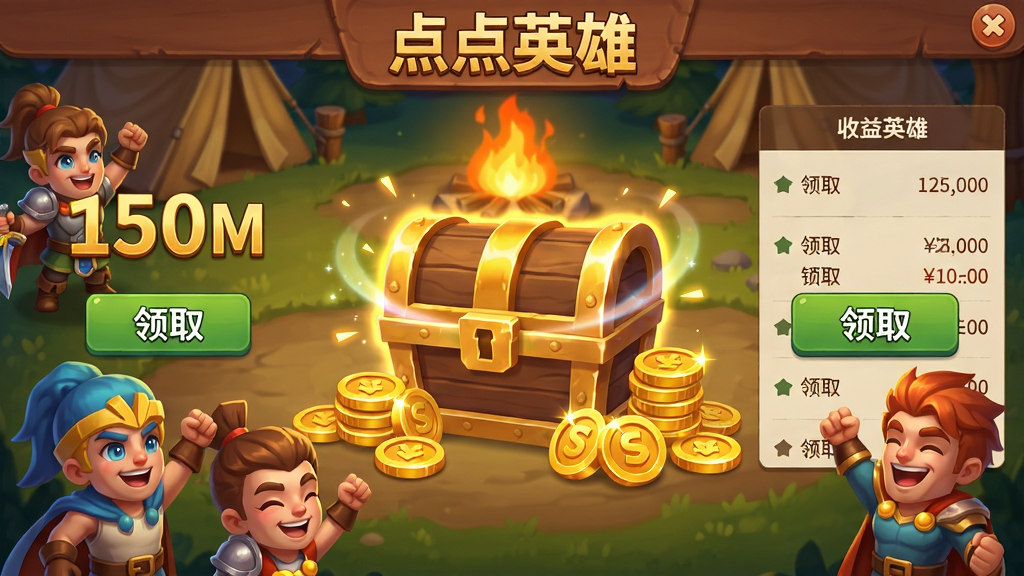 主体:点点英雄的离线收益结算界面,画面中央显示宝箱和金币堆,周围有英雄角色欢呼,背景为营地篝火。布局:宝箱居中,两侧有“领取”按钮和收益明细列表。排版:收益数字用金色大字标出,界面有“点点英雄”字样。风格:温馨篝火氛围,卡通风格。细节:金币有光泽,宝箱有流光特效,英雄表情开心。画质:明亮清晰,无多余元素。
