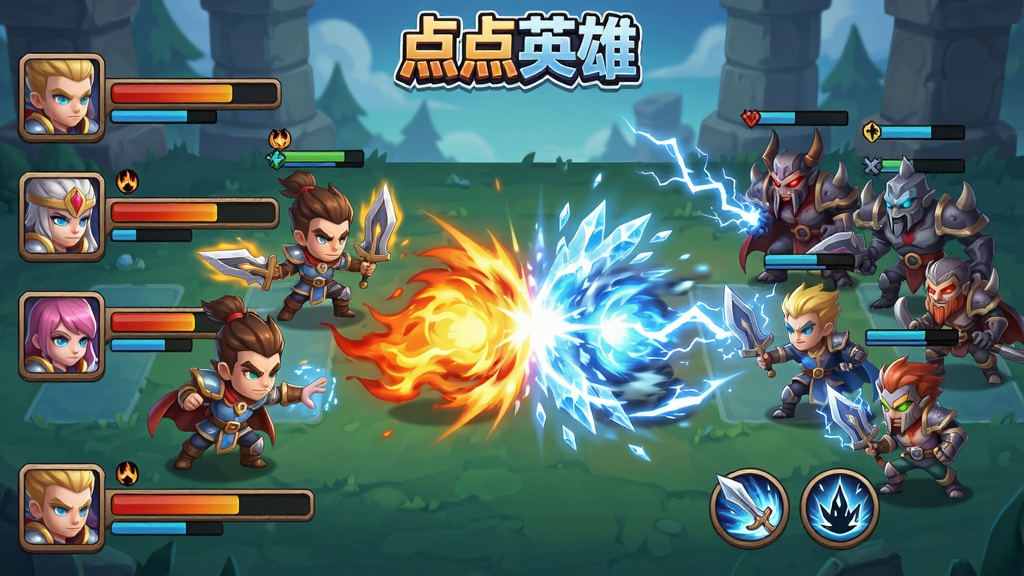 主体:点点英雄的战斗场景,玩家阵容与敌方阵容对峙,中间有技能碰撞的光效,左侧显示我方英雄头像和怒气条。布局:战斗画面采用横版视角,双方英雄分列左右,中央为战斗特效。排版:血条和技能图标清晰可见,顶部“点点英雄”Logo。风格:动态战斗特效,卡通渲染。细节:技能光效有火焰、冰霜、雷电等元素,英雄有施法动作。画质:高帧率,画面流畅,无多余元素。