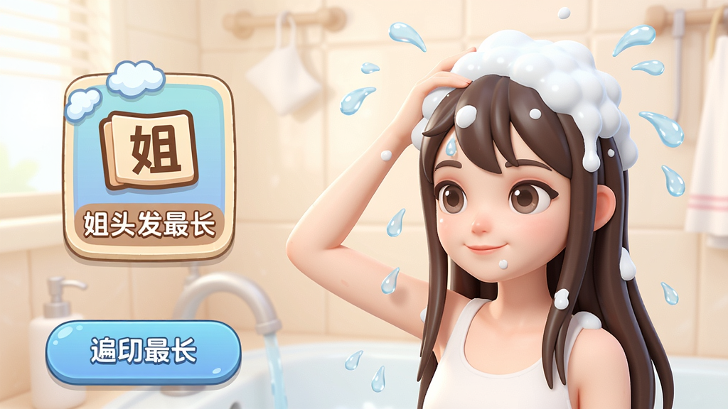 游戏界面中,一位长发少女正在洗头,泡沫丰富,水珠飞溅,旁边显示“姐头发最长”的UI图标,操作按钮清晰可见,整体画面细腻,色彩柔和,卡通渲染风格,画质干净,无多余元素