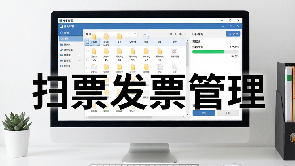 一张扫票发票管理软件在电脑端进行电子发票归档的操作截图,界面展示文件列表与归档进度条,背景为干净的办公桌面,主体为软件窗口,布局规整,风格商务简约,细节丰富,画质清晰,图片上带有“扫票发票管理”字样。