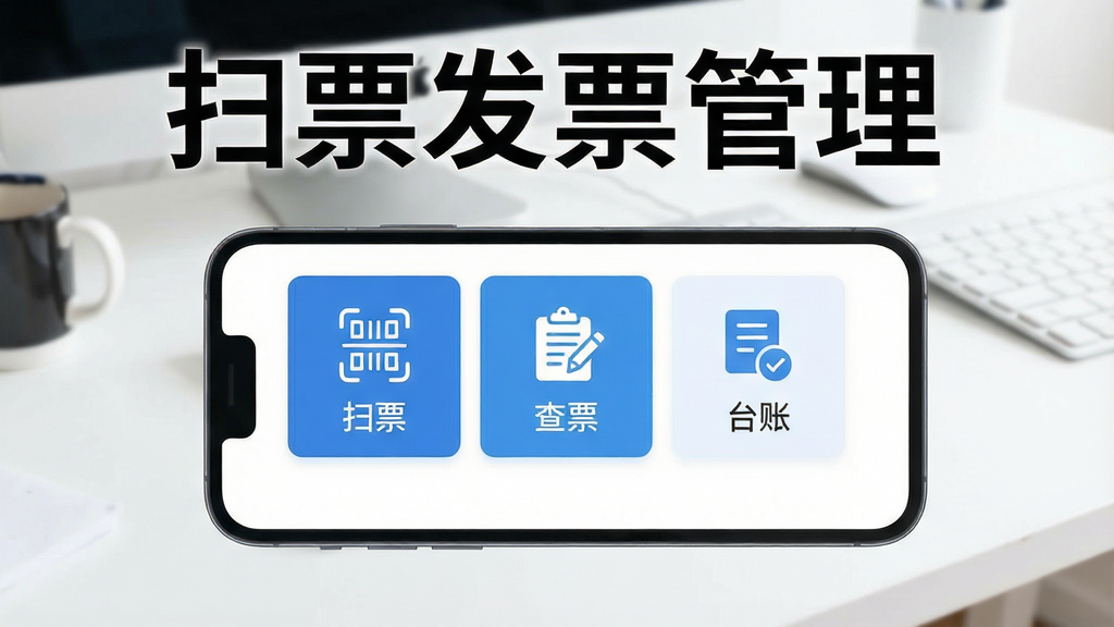 一张扫票发票管理软件在智能手机上的应用界面预览图,主界面清晰展示“扫票”、“查票”、“台账”三大核心功能模块,背景为简洁明亮的办公桌面,界面采用扁平化设计风格,色彩以蓝色和白色为主色调,整体布局直观,画质干净清晰,无多余元素,图片上带有“扫票发票管理”字样。