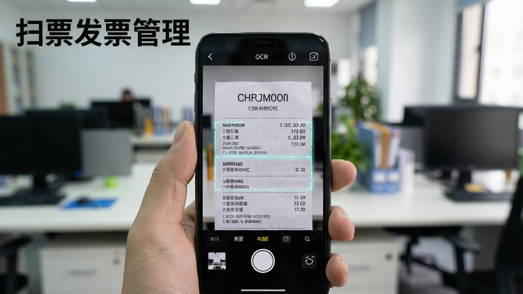 一张展示扫票发票管理软件OCR扫描识别过程的特写画面,手机摄像头对准一张发票,屏幕中显示识别出的结构化数据字段,背景为模糊的办公室环境,主体突出,布局以手机为中心,排版简洁,风格写实,细节清晰,画质高清,图片上带有“扫票发票管理”字样。