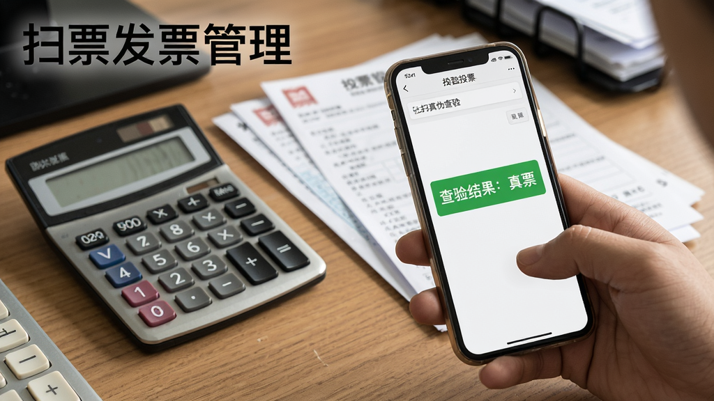 一张用户正在使用扫票发票管理软件进行发票真伪查验的实拍图,手机屏幕显示“查验结果:真票”的绿色提示,背景为办公桌上的计算器与单据,布局自然,风格纪实,细节真实,画质高清,图片上带有“扫票发票管理”字样。