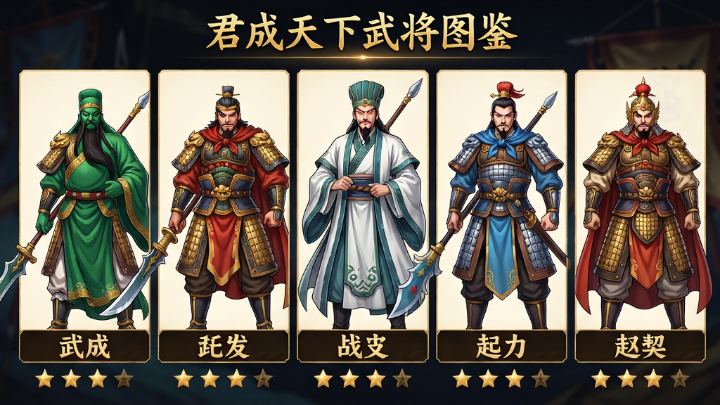 主体:一排三国武将立绘,包括关羽、张飞、诸葛亮、赵云等;布局:横向排列,每位武将占据一个格位,展示全身立绘与名字;排版:界面简洁,下方显示武将战力与星级,上方为标题“君成天下武将图鉴”;风格:二次元古风,色彩鲜明,线条流畅;细节:武将服饰精美,武器细节考究,名字用金色字体标注;画质:高清渲染,干净无多余元素,光效柔和。