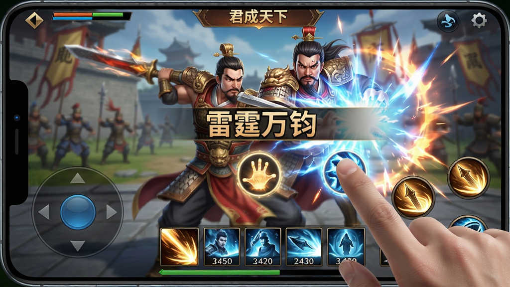 主体:手机游戏操作界面,手指正在点击技能按钮,屏幕上出现技能特效;布局:竖屏显示,UI布局合理,底部为技能栏,左侧为摇杆;排版:技能图标清晰,冷却时间数字显示;风格:写实游戏画面,色彩鲜艳,动态光影;细节:屏幕中有一个武将正在释放大招,技能名称“雷霆万钧”显示在中央,上方有“君成天下”字样;画质:超清渲染,流畅动作,干净无多余元素,富有冲击力。