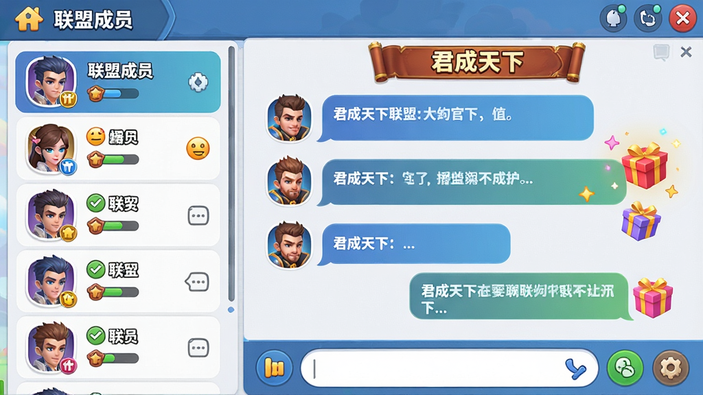 主体:游戏内联盟聊天界面,多个玩家头像与气泡对话;布局:左侧为联盟成员列表,右侧为聊天窗口,底部为输入框;排版:界面活泼,有表情与礼物特效;风格:卡通渲染,色彩明快,氛围轻松;细节:玩家头像旁有等级与官职标识,聊天框中有“君成天下”联盟公告;画质:高清,干净无多余元素,UI布局合理。