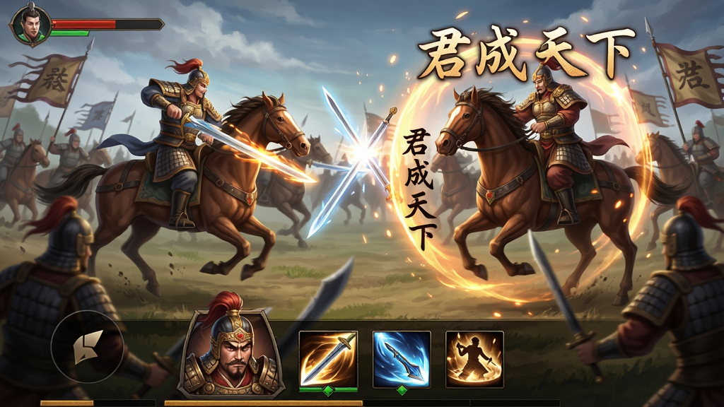 主体:战斗场景,两军对垒,武将释放技能;布局:屏幕中央为战斗画面,下方为武将头像与技能栏;排版:游戏战斗UI,技能图标清晰可见;风格:动态光影,特效华丽;细节:刀光剑影,战马奔腾,技能特效有“君成天下”字样;画质:高清,干净,无多余元素