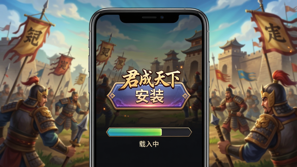 主体:手机竖屏显示游戏安装界面,背景为三国战场;布局:中央有“安装”按钮,下方有进度条;排版:简洁明快,按钮醒目;风格:游戏宣传图风格,色彩鲜艳;细节:按钮上有“君成天下”字样,进度条有“载入中”提示;画质:高清,干净,无多余元素