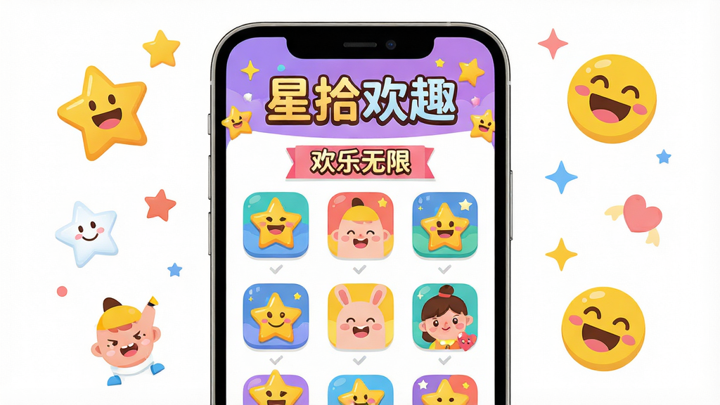 主体:一款名为“星拾欢趣”的手机应用界面,屏幕中展示色彩缤纷的趣味小游戏图标和欢快的角色表情。布局:手机居中,屏幕内容清晰可见,周围有星星和笑脸装饰元素。排版:界面图标排列整齐,色彩明快,突出“星拾欢趣”字样。风格:扁平化插画风格,明亮活泼。细节:应用图标带有星星和笑脸元素,屏幕中显示“欢乐无限”标语。画质:高清,干净,无多余元素。