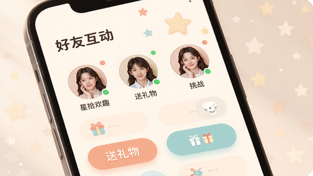 主体:“星拾欢趣”的社交互动界面,展示好友列表和互动按钮。布局:手机屏幕中,上方显示“好友互动”标题,下方是好友头像和“送礼物”“挑战”按钮。排版:好友头像圆形排列,按钮清晰,色彩柔和。风格:简约社交风,温馨友好。细节:好友头像旁有在线状态点,按钮上有小礼物图标,背景有淡淡的星星图案。画质:高清,干净,无多余元素。